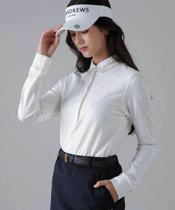 セントアンドリュース　ホワイト長袖ポロシャツ スタッズ付き　LL ポロシャツ レディース セントアンドリュース St ANDREWS 2025 秋冬